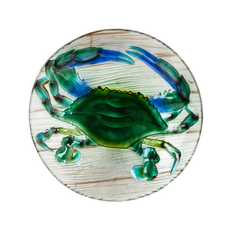 18" Hand Painted Embossed Glass Blue Crab Bird Bath