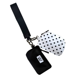 Lulu Mac Double Pouch Wristlet in White/Black Dots