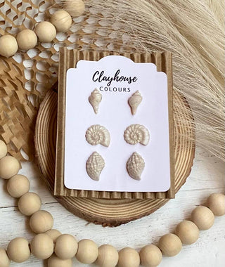Beach Clay Earrings: Large Shell w/Pearl Post