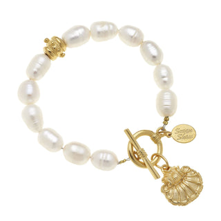 Gold Scallop Shell on Genuine Freshwater Pearl Bracelet