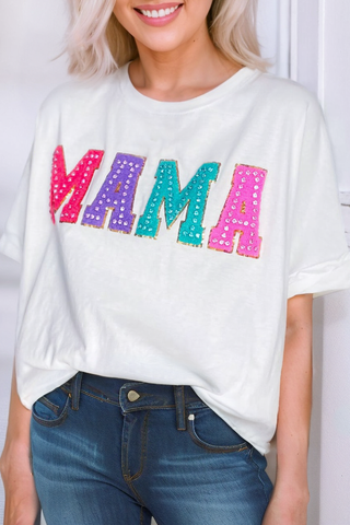 MAMA Chenille Patched Crew Neck T Shirt White or Black