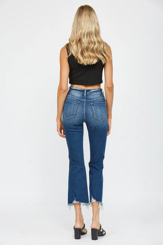 High Rise Cropped Flare Uneven Hem Jeans