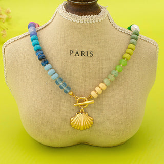 Rainbow Beaded Seashell Charm Necklace