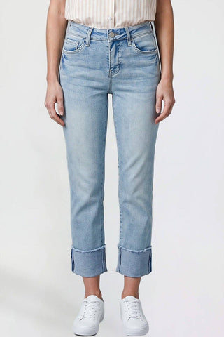 Mid Rise Premium Stretch Cuff Cropped Slim Straight Jean