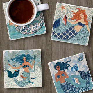 Mermaid Island Assorted Image Tumbled Tile Coaster 4 Pack