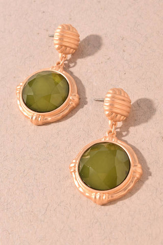 Faceted Round Stone Textured Gold Drop Earrings