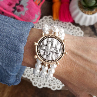 Gracebound Cross Coin & Chunky Pearl 3-in-1 Statement Bracelet