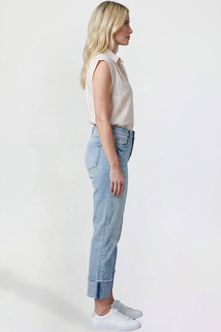 Mid Rise Premium Stretch Cuff Cropped Slim Straight Jean