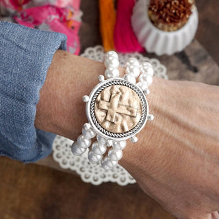 Gracebound Cross Coin & Chunky Pearl 3-in-1 Statement Bracelet