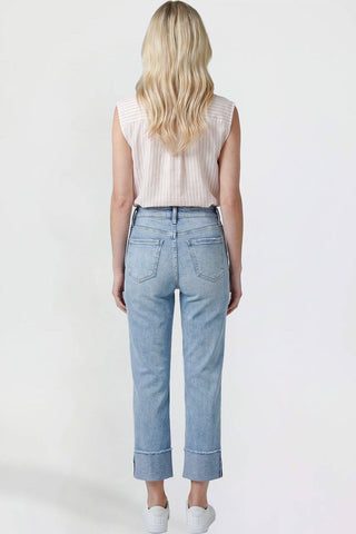 Mid Rise Premium Stretch Cuff Cropped Slim Straight Jean