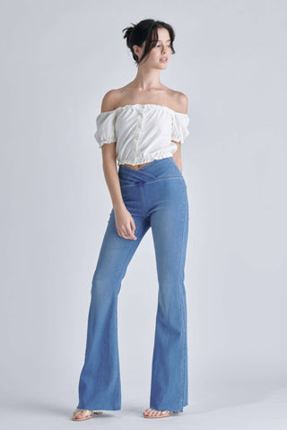 AB38662LT High Rise Flare Jean with Criss Cross waistband