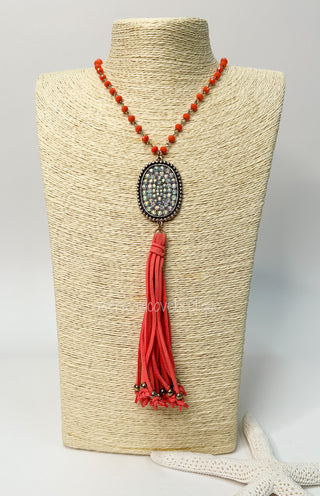 Mason Beaded Tassel Necklace in Coral