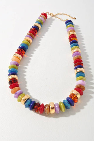 Multicolor Marbled Disc Bead Necklace with Gold Tone Accents