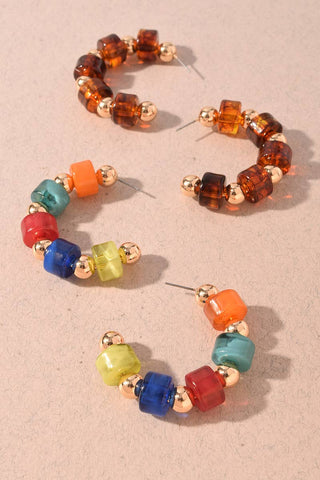 Colorful Resin Cube Bead Open Hoop Earrings