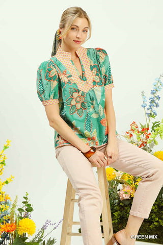 Flowers For You Top in Green Mix