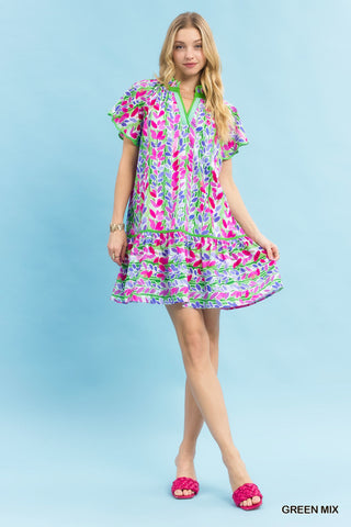 All At The Top Babydoll Dress in Green Mix