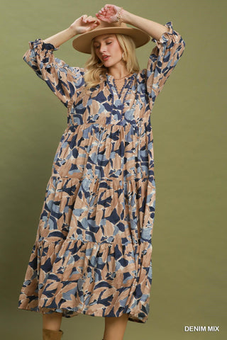 Desert Flower Midi Dress in Denim Mix