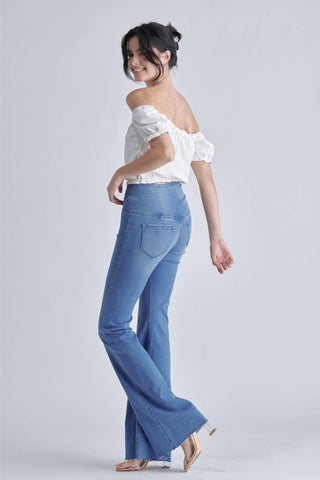 AB38662LT High Rise Flare Jean with Criss Cross waistband