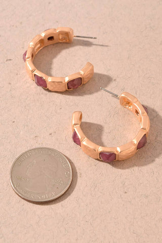 Faceted Stone & Hammered Metal Hoop Earrings