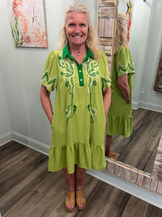 Softly Staring Babydoll Dress in Avocado