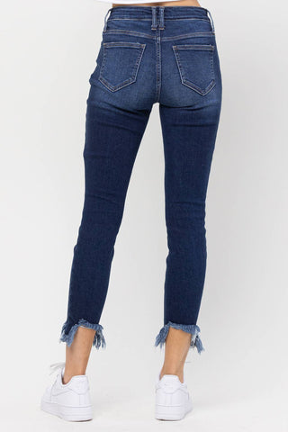 Mid Rise Chew Hem Skinny Jeans In Dark Denim