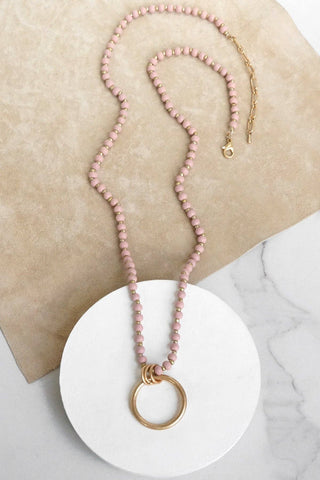 Long Wooden Bead Necklace with gold circle ring - Pink