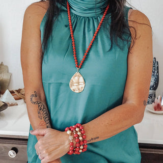 Long Wooden Bead Necklace with gold teardrop-Olive Green