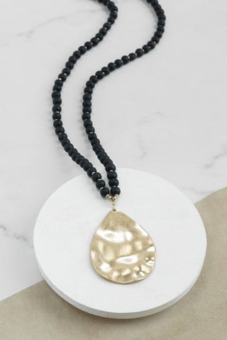 Long Wooden Bead Necklace with gold teardrop - Black