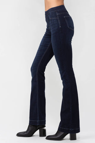 Classic Indigo Pull On Flare Jeans In Dark Denim