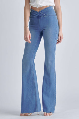 AB38662LT High Rise Flare Jean with Criss Cross waistband