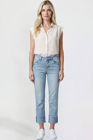 Mid Rise Premium Stretch Cuff Cropped Slim Straight Jean