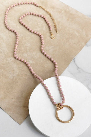 Long Wooden Bead Necklace with gold circle ring - Pink