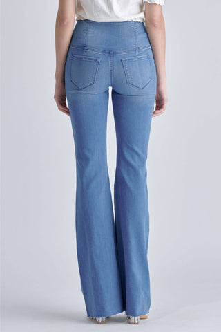 AB38662LT High Rise Flare Jean with Criss Cross waistband