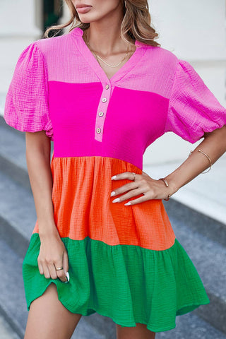Multicolor Color Block Tiered Puff Sleeve Dress