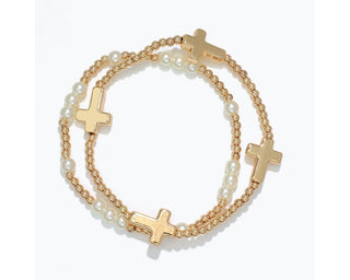 Gold Crosses & Pearls Beaded Bracelet