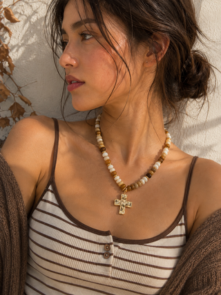 Hammered Cross Beaded Necklace