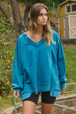 Doing All The Things French Terry Pullover Sweatshirt In Washed Teal