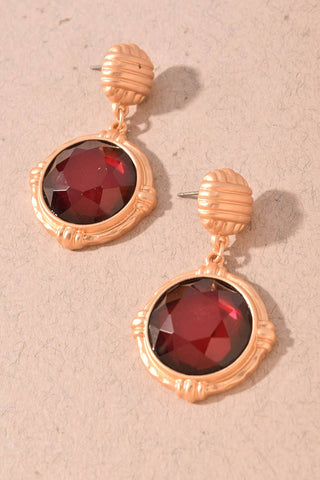Faceted Round Stone Textured Gold Drop Earrings