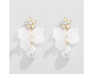 White Petals and Pearls with Crystal Earrings
