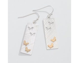 Brushed Two Tone Butterfly Drop Crystal Earrings