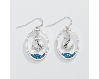 Silver Anchor & Blue Crystal Earrings