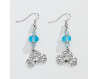Aqua Bead & Silver Crab Earrings