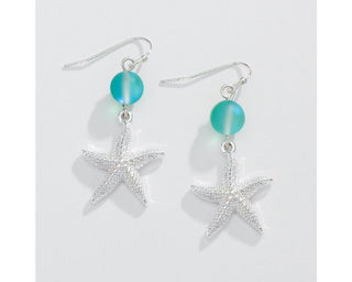 Green Bead & Silver Starfish Earrings