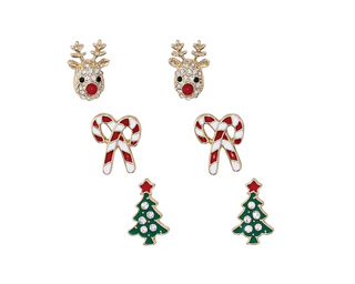 Rudolph, Christmas Trees, & Candy Cane Trio Earrings Set