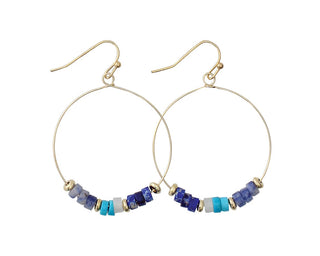Golden Hoop Earrings with Blue Stone Beads