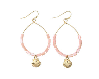 Pink Shell Bead Hoop & Scallop Charm Earrings