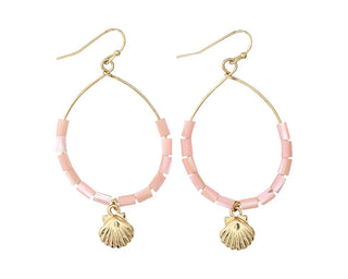 Pink Beads and Gold Scallop Earrings