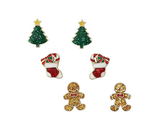 Christmas Trees, Stockings, And Gingerbread Man Trio Earrings Set