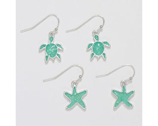 Glittering Aqua Turtle & Starfish Duo Earrings