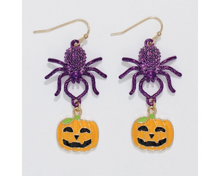 Purple Spiders With Pumpkin Earrings